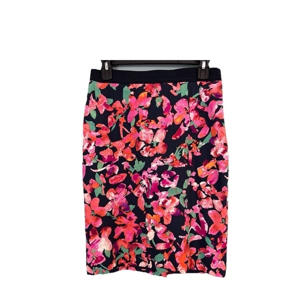 Ann Taylor Floral Skirt Lined Flowers Navy Blue Pink Orange Elastic Waistband 6 - Picture 7 of 7